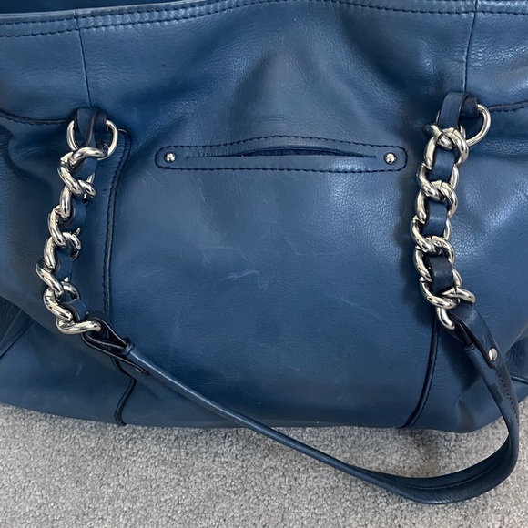 B. Makowsky indigo blue, Genuine Leather Tote with Silver Chain Detailing - Picture 4 of 14